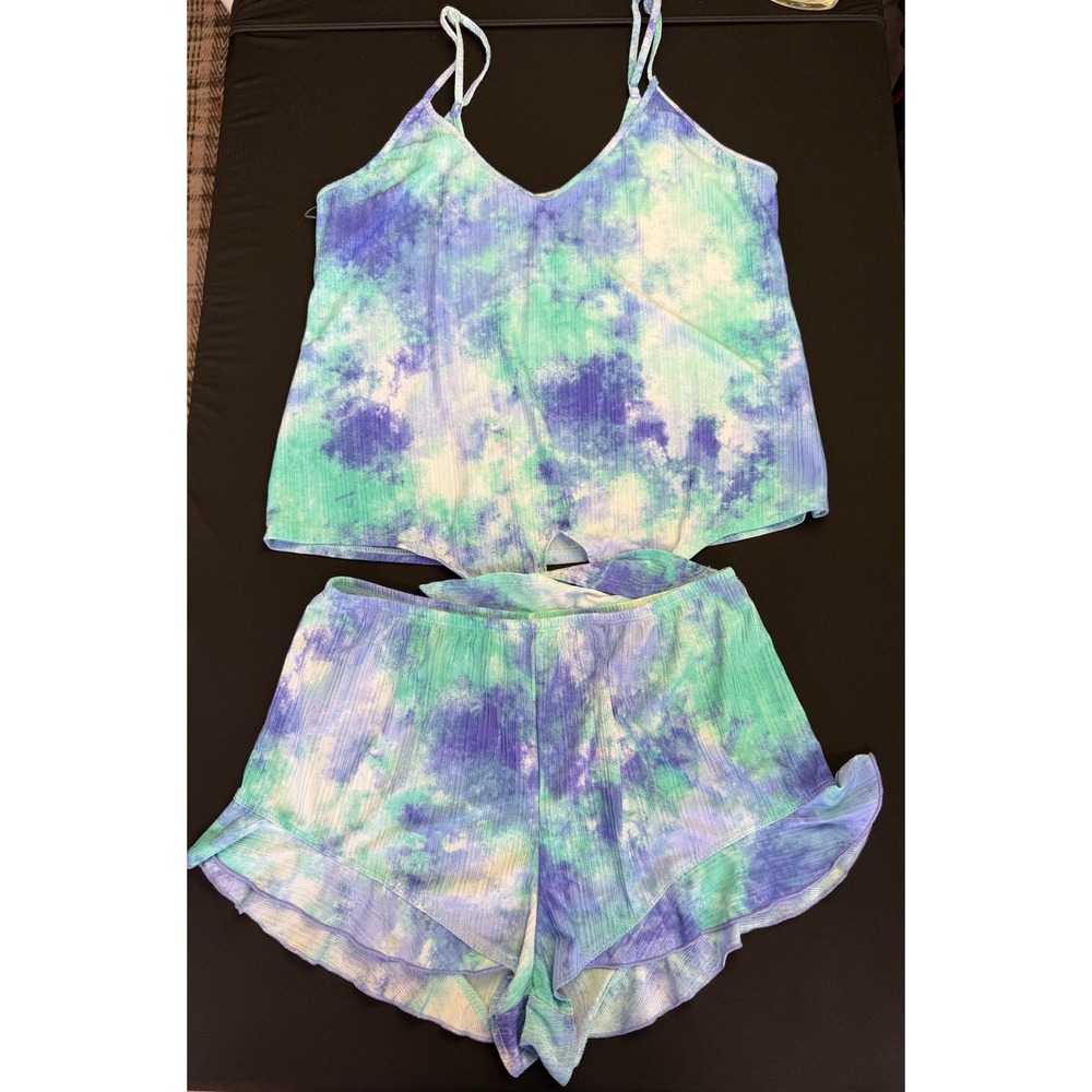 Secret Treasures Tie Dye Pajama Set Small Blue Green Ribbed Ruffle‎ Cami Shorts